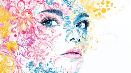 Beautiful stylized woman's face featuring intricate floral and swirling designs in vibrant pink, blue, and yellow hues on a white background