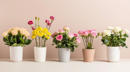 Colorful potted flowers on a minimalistic beige background. Perfect for floral-themed designs or decorative purposes.