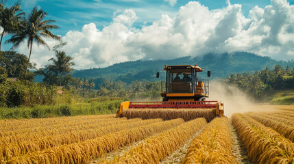Obraz premium rice or wheat harvester working in the field, agricultural machinery, agro-industry, harvest, farm, combine, tractor, machine