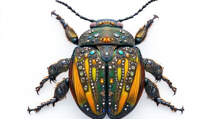 Big beetle with glittering diamonds and ornate jewelry patterns, captured in an abstract close-up against a white background
