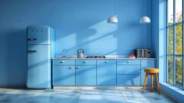 Modern blue kitchen interior design with a vintage refrigerator, countertop, cabinets, stove, microwave, sink, and a stool in front of a large window with greenery outside.