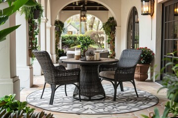 Fototapeta premium Elegant 3-piece patio dining set with black chairs and round table on outdoor rug, surrounded by plants and lanterns in front of arched doorways.