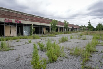  row of abandoned retail storefronts, resembling a ghost town with boarded-up windows and peeling signs.