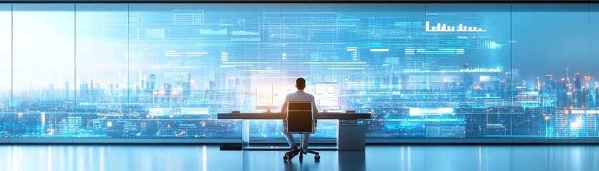 Fototapeta premium A hyper-realistic photo of a business leader in a sleek office, making important choices based on a detailed planning board. The leader s focus is on the impact of decisions and their authoritative