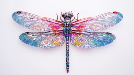 Big dragonfly with radiant wings decorated in beautiful diamonds and jewels, captured in an abstract close-up on a white background