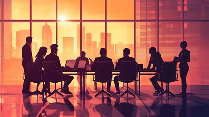 Obraz premium Silhouetted Businesspeople Meeting in Modern Office with City Skyline View