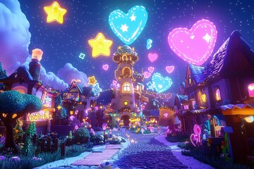 Obraz premium Magical night scene with colorful neon lights, glowing heart and star shapes, and whimsical fantasy landscape