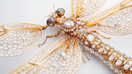Fototapeta premium Close-up of a dragonfly with sparkling wings adorned with intricate diamonds and jewelry, creating an abstract look on a white background