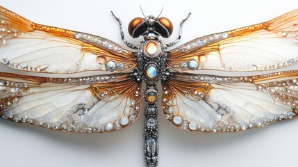Fototapeta premium Close-up of a dragonfly with shimmering wings adorned with radiant diamonds and intricate jewelry, creating a luxurious look on a white background