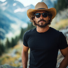 black t-shirt mockup, men model, view of the mountains