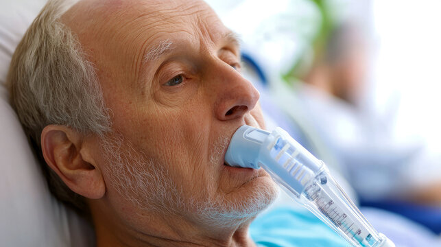 An elderly man undergoing a pulmonary function test, blowing into a spirometer to measure lung capacity