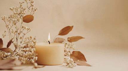 A candle is lit on a table with some leaves