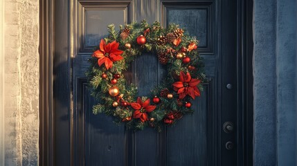 Heatmap of a Christmas wreath on a door, with warm colors highlighting the most festive details and cooler tones on the less noticeable parts. 4K hyperrealistic photo.
