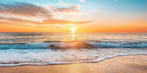 A serene beach landscape featuring gentle waves crashing on the shore during a picturesque sunset with a colorful sky.