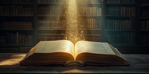 An open book illuminated by a magical light source inside an old, atmospheric library filled with books.