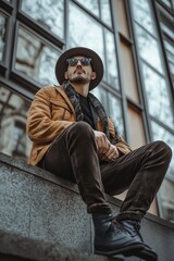 Fototapeta premium A man exudes urban sophistication with a fedora and sunglasses, lounging in a modern city setting.