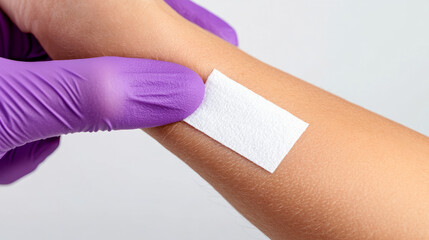 Obraz premium Close-up of a forearm with a patch test being conducted, showing small marks and labels for allergens