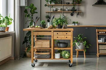 Bamboo Kitchen Trolley with Three Shelves, Two Racks, and Drawer on Wheels in Scandinavian Style Dining Room