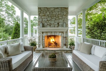 A large home's back stone porch has an outdoor fireplace