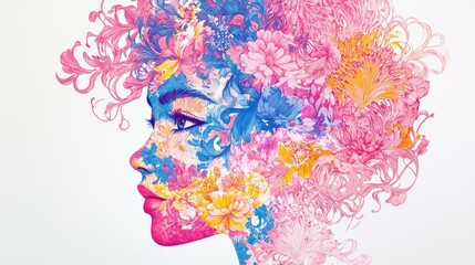 Intricate floral and swirling shapes in vibrant pink, blue, and light yellow hues forming a stylized woman's face on a white background