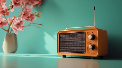 A vintage radio on a teal background.