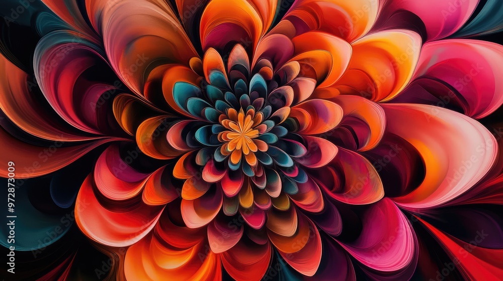 Poster kaleidoscopic abstract floral design with swirling petals in vivid hues, blending intricate organic 