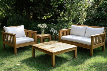 Fototapeta premium Table and chairs with pillows at the garden table.