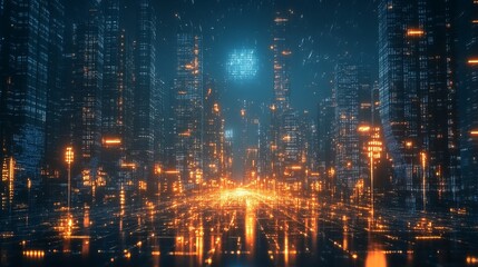 Fototapeta premium Night city panorama with network hologram