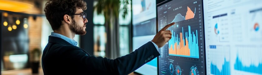 A business professional analyzes data on a digital screen, showcasing modern analytics and tech innovation in a sophisticated workspace.