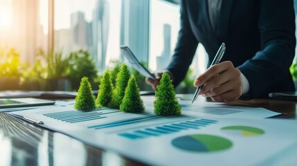 A businessperson analyzing growth data with mini trees, symbolizing sustainability and corporate responsibility in a modern office.