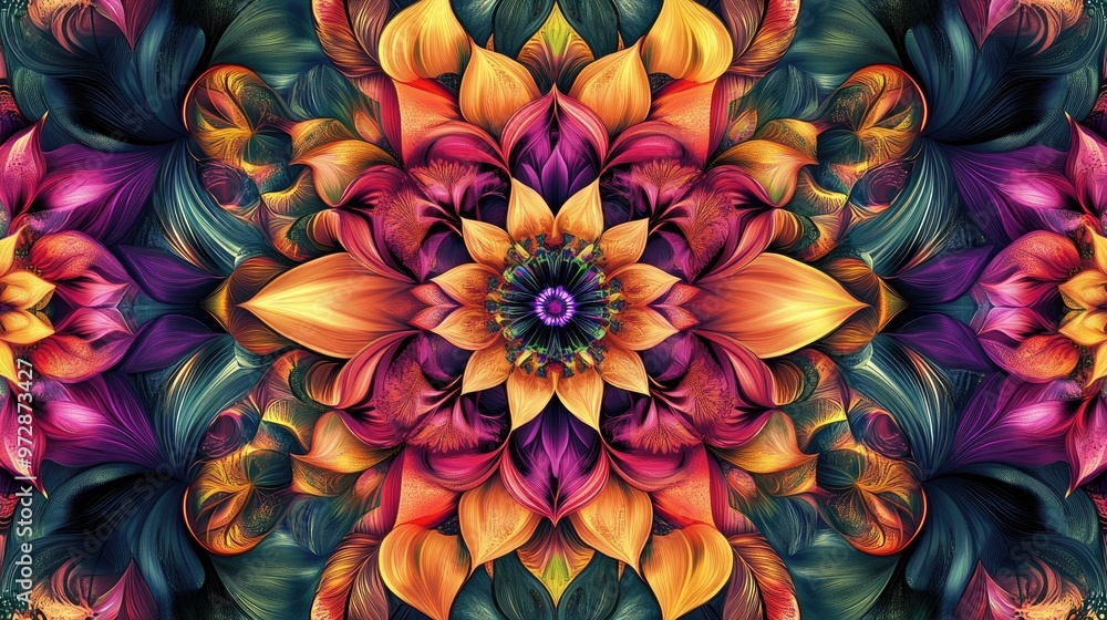 Aufkleber kaleidoscopic floral patterns with vivid swirling petals, merging organic shapes and geometric lines