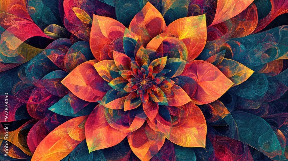 Poster kaleidoscopic floral patterns with vivid swirling petals, merging organic shapes and geometric lines
