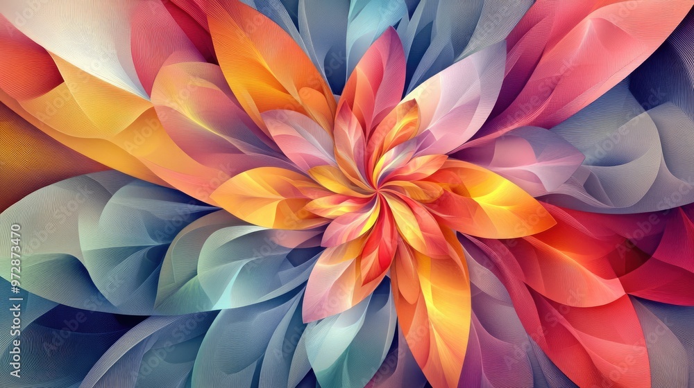 Poster kaleidoscopic floral patterns with vivid swirling petals, merging organic shapes and geometric lines
