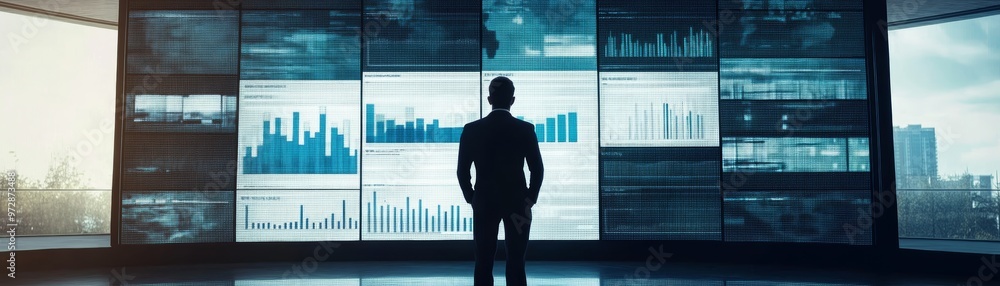 Aufkleber a professional analyzing data on multiple screens in a modern office environment, symbolizing techno