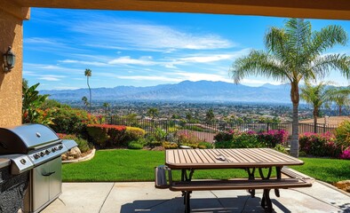 Obraz premium In the backyard of a Southern California home, there is an outdoor living space with a BBQ