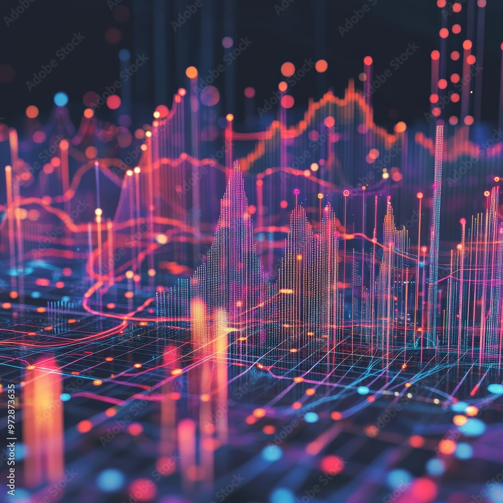 Poster abstract digital visualization of data trends and analytics with vibrant colors, perfect for technol