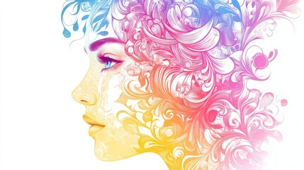 Stylized vector illustration of a beautiful woman's face, adorned with intricate floral and swirling patterns in pink, blue, and yellow on a white background