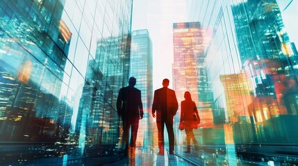 Silhouettes of business professionals stand against a backdrop of modern skyscrapers, symbolizing ambition and urban success.
