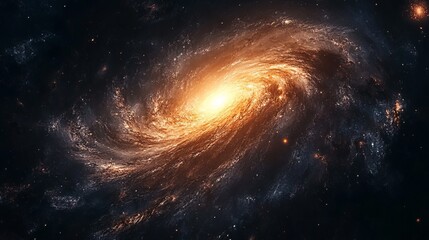 A beautiful spiral galaxy glowing brightly in deep space, with swirling arms and a bright central core, showcasing the beauty of the cosmos and the universe's mysteries.