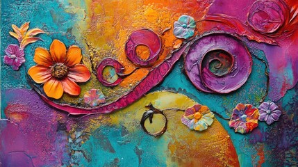 Textured abstract painting with embossed floral designs and swirling vibrant patterns, forming a dynamic and colorful composition