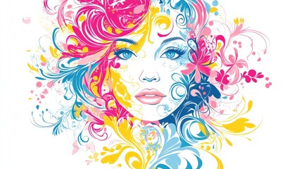Vector illustration of a stylized woman's face with intricate swirling floral patterns in pink, blue, and yellow on a clean white background