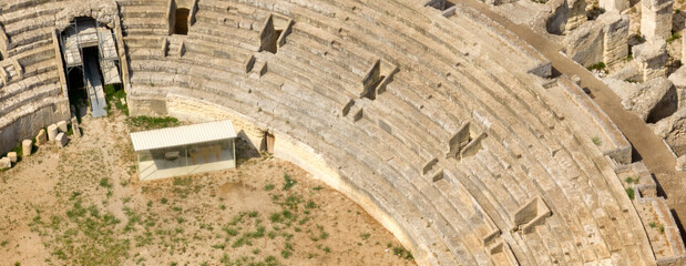 Aerial view of the Roman amphitheater located in the historic center of Lecce, Puglia, Italy. The...