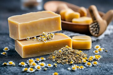 A DIY chamomile soap-making kit, with dried petals and natural oils ready to be blended into bars of soap