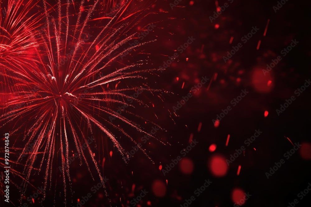 Poster red fireworks display with glittering sparks and bokeh