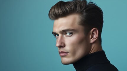A young man poses stylishly against a serene blue background, showcasing modern fashion and confident expression in a studio setting