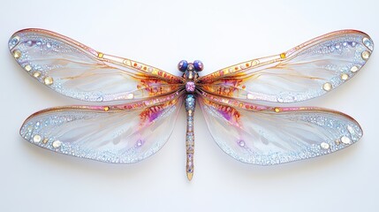 Fototapeta premium Vibrant dragonfly wings adorned with radiant diamonds and intricate jewels, set against a minimal white background in an abstract close-up