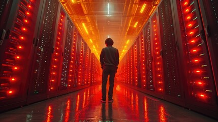 IT technician inspects server maintenance area in a data center with red lighting