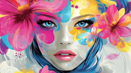 Obraz premium Vibrant floral and swirling patterns in pink, blue, and yellow enhancing the elegance of a stylized woman's face on a white background