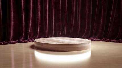 A 3D wooden podium on a smooth beige floor, surrounded by a luxurious burgundy velvet curtain. The pedestal has soft lighting reflecting off its polished surface, creating a clean and minimalistic