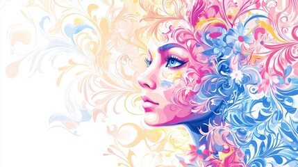 Vibrant floral and swirling patterns in pink, blue, and yellow enhancing the elegance of a stylized woman's face on a white background